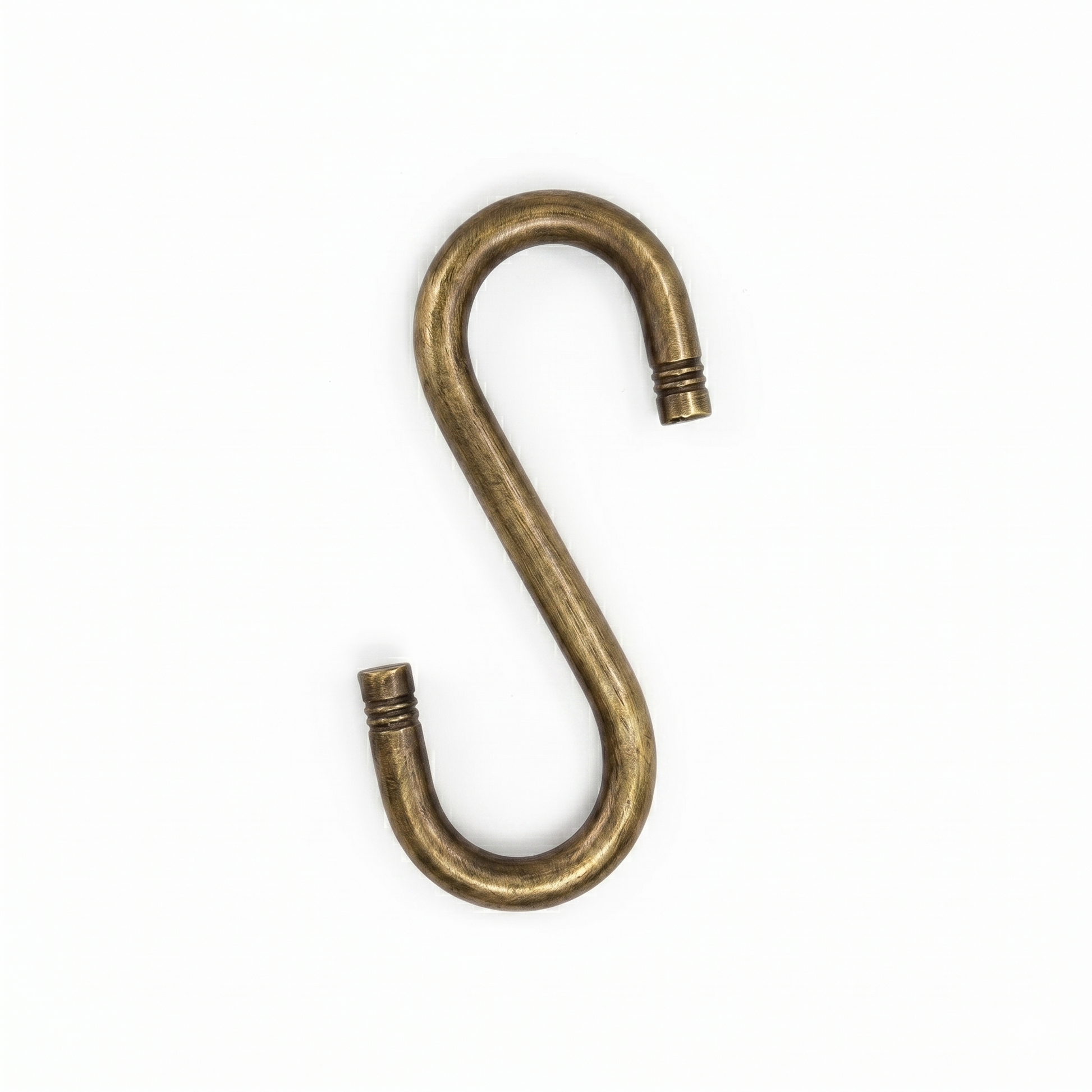 Heavy-duty antique brass finish SS-304 stainless steel S-hook with decorative ribbed end detailing for traditional indoor jhula and oonjal chain sets.