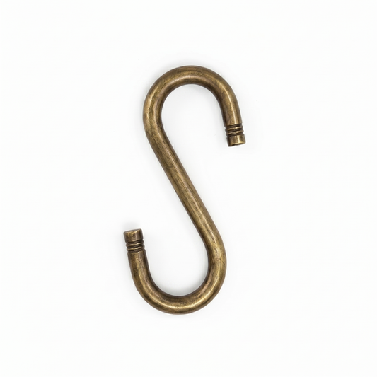 Heavy-duty antique brass finish SS-304 stainless steel S-hook with decorative ribbed end detailing for traditional indoor jhula and oonjal chain sets.