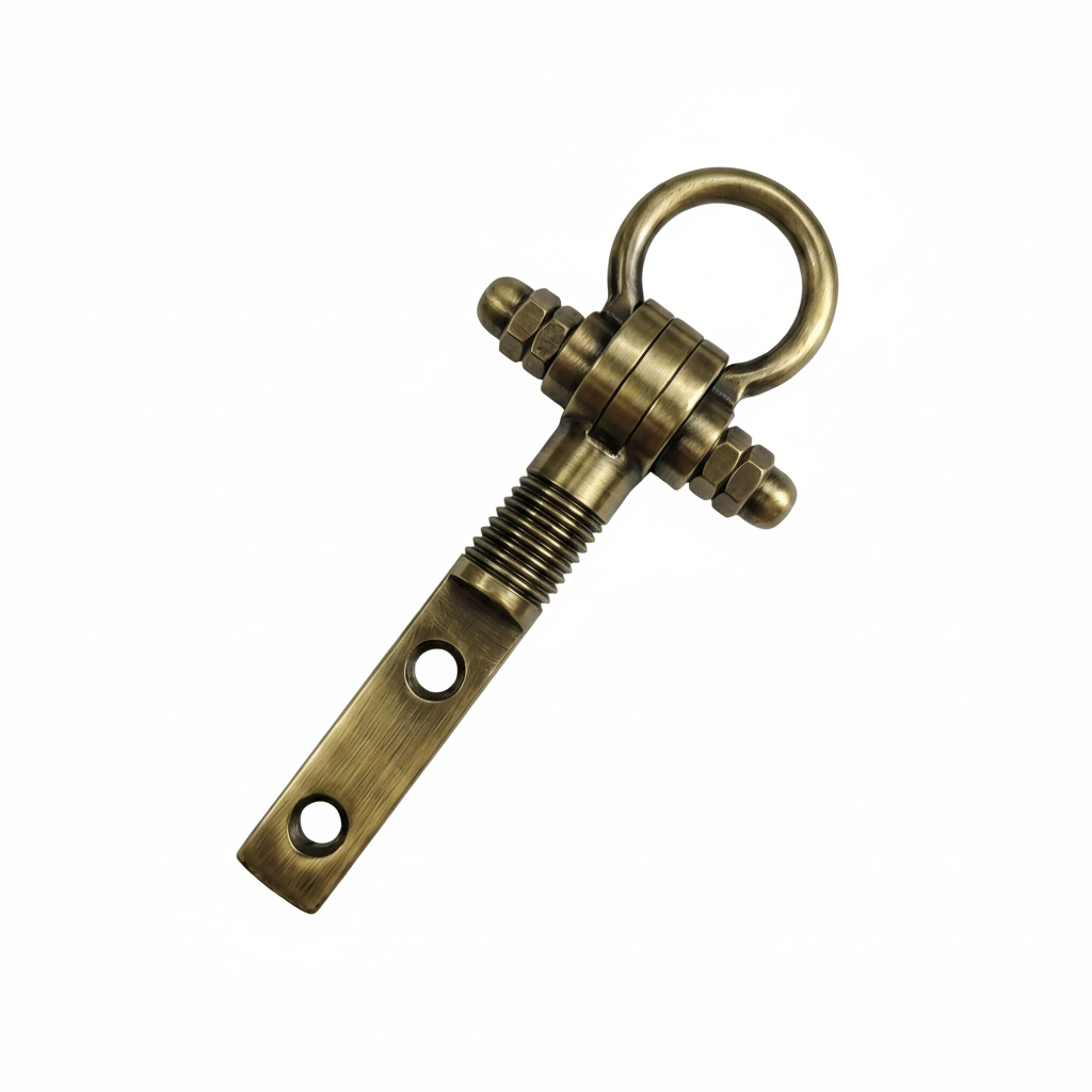 Antique brass finish bolt kada jhula hook featuring a vertical mounting plate and heavy-duty adjustable nuts for indoor ceiling swings.