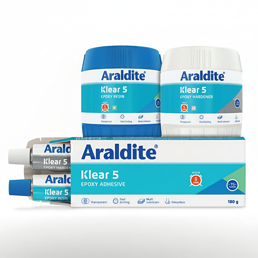 A 180g retail pack of Araldite Klear 5 Epoxy Adhesive featuring the two-part resin and hardener system in both tubes and tubs. This transparent, fast-setting, and odorless adhesive is designed for multi-substrate bonding with a 5-minute set time.