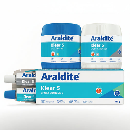 A 180g retail pack of Araldite Klear 5 Epoxy Adhesive featuring the two-part resin and hardener system in both tubes and tubs. This transparent, fast-setting, and odorless adhesive is designed for multi-substrate bonding with a 5-minute set time.