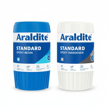 Two large industrial containers of Araldite Standard epoxy adhesive, including a blue tub for the epoxy resin and a white tub for the epoxy hardener. This multi-substrate adhesive is heat and chemical resistant, providing the highest bond strength and waterproof protection for professional repair and construction projects.