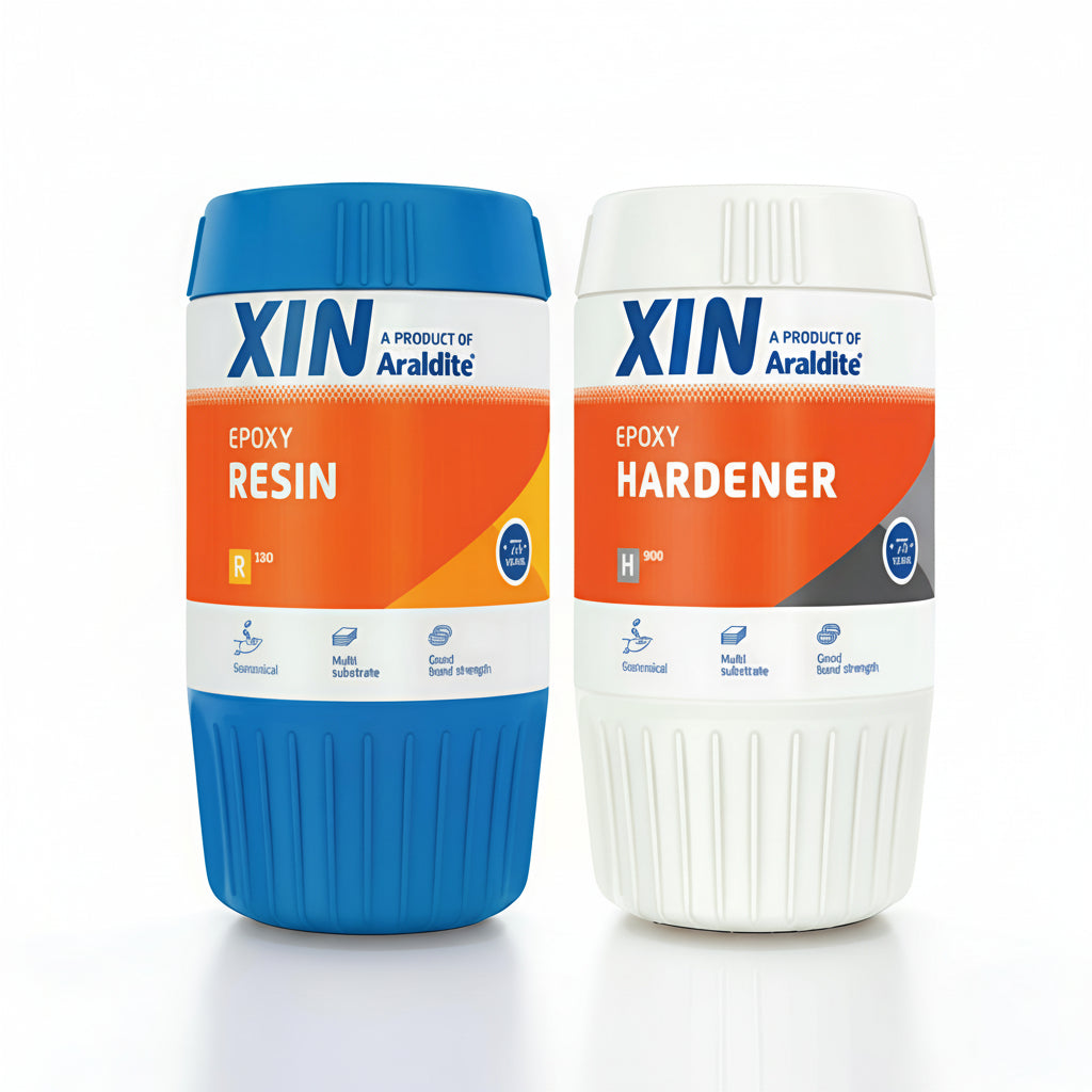 Two large industrial tubs of XIN epoxy adhesive, a product of Araldite, featuring separate blue resin and white hardener containers. This multi-substrate adhesive is designed for professional use, offering economical application and high bond strength for heavy-duty projects.