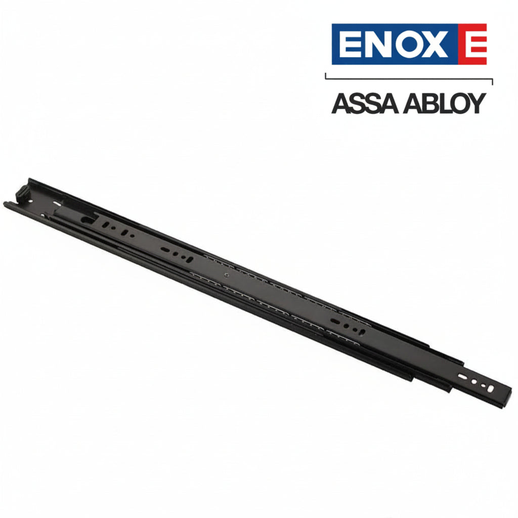 A high-quality ENOX (Assa Abloy) full-extension drawer slide featuring a sleek black finish and precision ball bearings. This heavy-duty hardware is designed for smooth, quiet telescopic movement in modern kitchen cabinets, office furniture, and residential storage units. The three-fold slide mechanism ensures maximum access and durability for professional-grade cabinetry and furniture design.