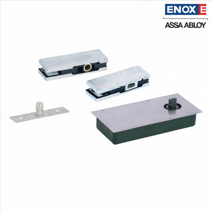 A complete ENOX (Assa Abloy) floor spring hardware kit featuring a heavy-duty hydraulic floor-mounted closer and a set of premium glass patch fittings. The kit includes a stainless steel cover plate, top pivot, and bottom strap designed for frameless glass door installations. This architectural hardware system provides smooth self-closing functionality and structural support for modern commercial glass entrances and office partitions.