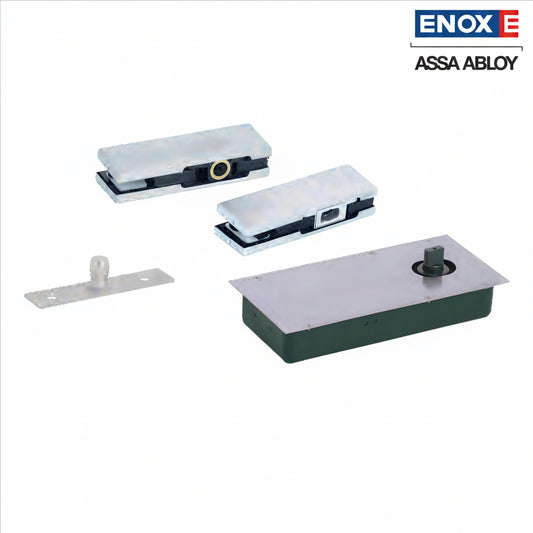 A complete ENOX (Assa Abloy) floor spring hardware kit featuring a heavy-duty hydraulic floor-mounted closer and a set of premium glass patch fittings. The kit includes a stainless steel cover plate, top pivot, and bottom strap designed for frameless glass door installations. This architectural hardware system provides smooth self-closing functionality and structural support for modern commercial glass entrances and office partitions.
