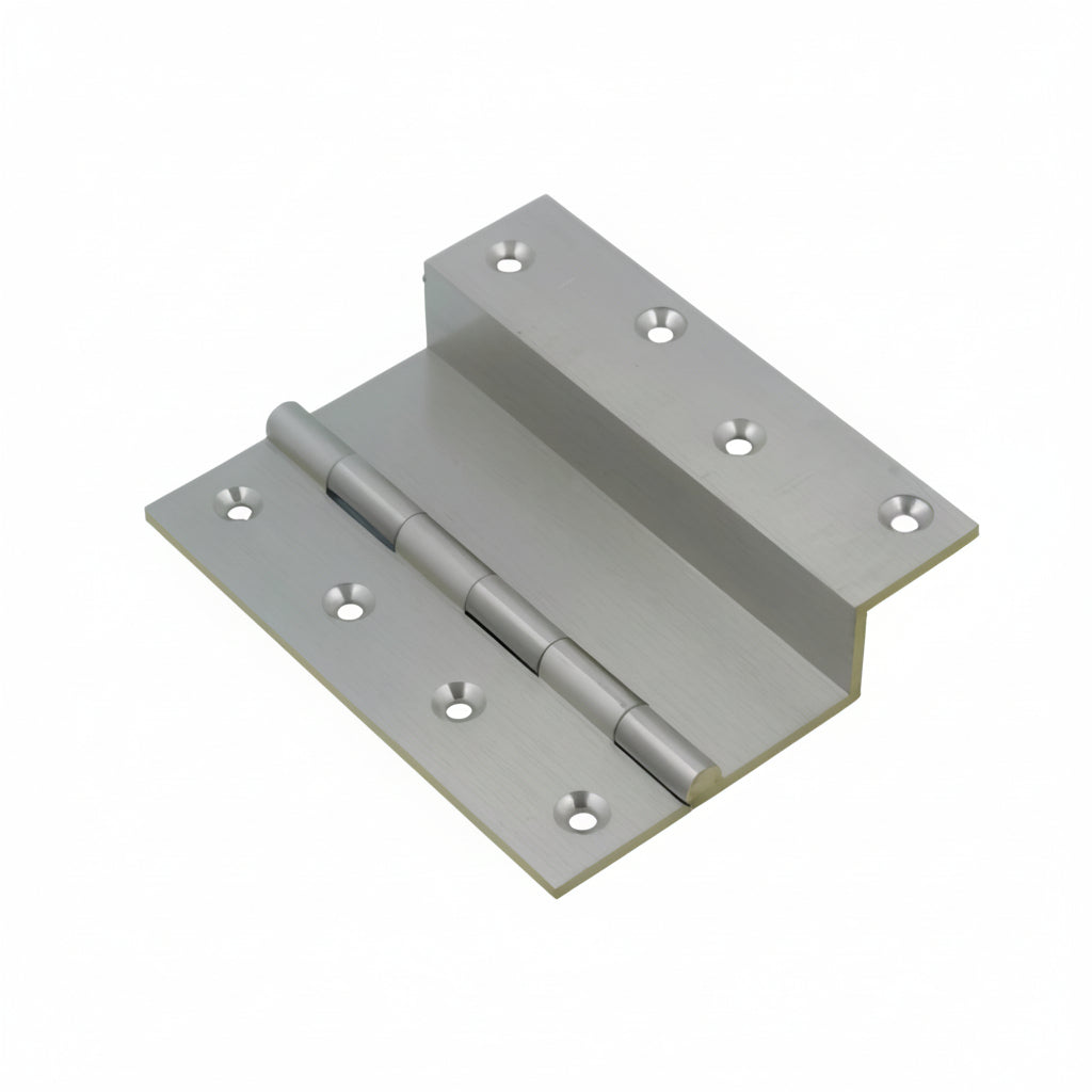 A Bharmal premium brass L-hinge featuring a durable satin rhodium finish. This specialized cabinet hinge includes eight countersunk mounting holes and a sturdy five-knuckle joint, designed for offset door installations and high-end furniture hardware.