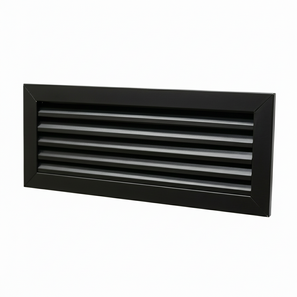 A rectangular matte black aluminum louvre air vent grille. The image showcases the fixed angled blades designed for efficient airflow and ventilation, ideal for wall-mounted installation in residential and commercial HVAC systems to provide a sleek, modern, and professional finish.