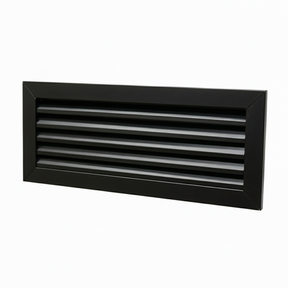 A rectangular matte black aluminum louvre air vent grille. The image showcases the fixed angled blades designed for efficient airflow and ventilation, ideal for wall-mounted installation in residential and commercial HVAC systems to provide a sleek, modern, and professional finish.