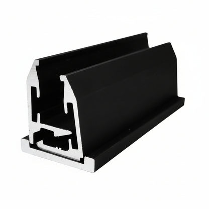 A cross-section of a black powder-coated aluminum glazing U-channel profile. This architectural-grade profile features an interlocking internal design for secure glass placement, specifically engineered for frameless glass office partitions, shopfronts, and modern interior glass wall systems. The durable finish and structural ribbing provide both aesthetic appeal and stability for heavy-duty glazing applications.