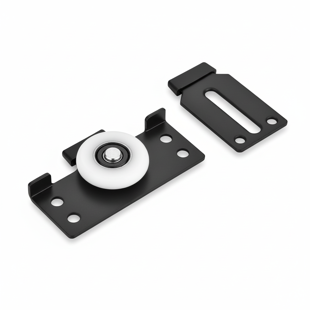 A heavy-duty sliding door roller fitting featuring a durable black metal bracket and a smooth-rolling white nylon wheel. This set includes the main roller assembly and a matching guide plate with pre-drilled mounting holes, designed for seamless operation in wardrobe and cabinet sliding systems.