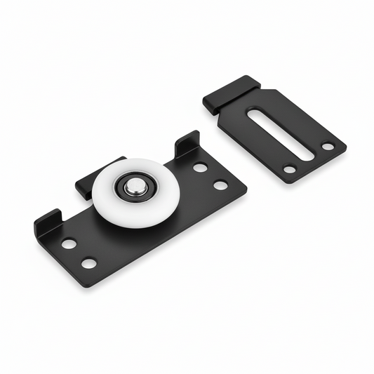 A heavy-duty sliding door roller fitting featuring a durable black metal bracket and a smooth-rolling white nylon wheel. This set includes the main roller assembly and a matching guide plate with pre-drilled mounting holes, designed for seamless operation in wardrobe and cabinet sliding systems.