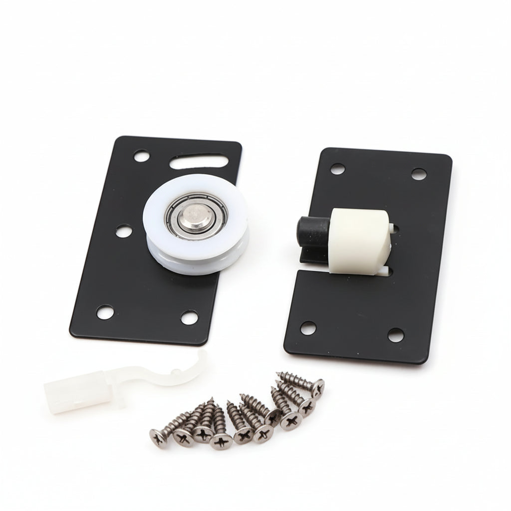 A complete sliding door fitting kit featuring a heavy-duty black metal roller bracket with a white nylon wheel, a matching guide plate, and a set of mounting screws. This hardware set is designed for smooth and quiet operation in modern wardrobe and cabinet sliding door systems.