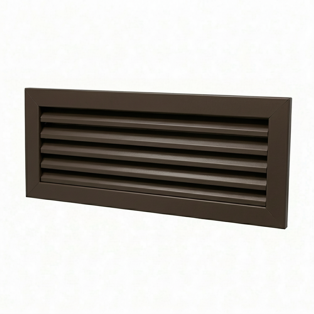 A rectangular brown powder-coated aluminum louvre air vent grille. The image showcases the fixed angled blades designed for efficient airflow and ventilation, ideal for wall-mounted installation in residential and commercial HVAC systems to provide a clean, professional finish.