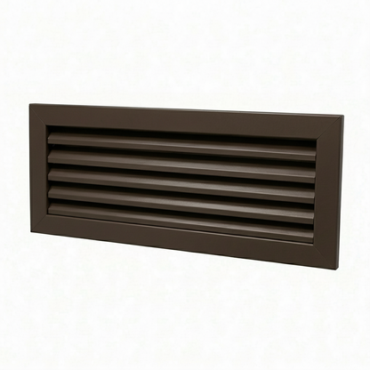 A rectangular brown powder-coated aluminum louvre air vent grille. The image showcases the fixed angled blades designed for efficient airflow and ventilation, ideal for wall-mounted installation in residential and commercial HVAC systems to provide a clean, professional finish.