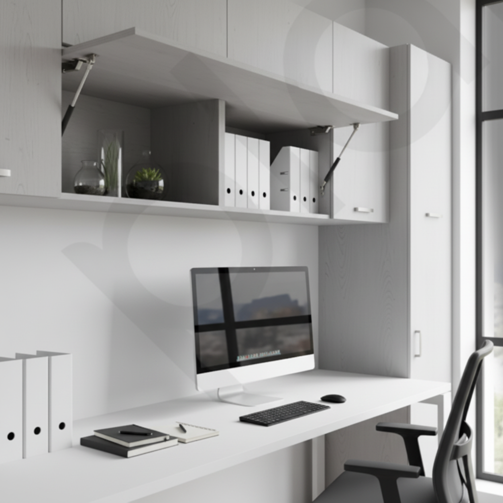 A modern minimalist home office featuring overhead cabinets equipped with gas strut hydraulic lifts for effortless flip-up opening. The image shows a sleek white workspace with organized files and a desktop computer, highlighting how pneumatic lift supports provide space-saving functionality and a sophisticated soft-close experience for contemporary office cabinetry.