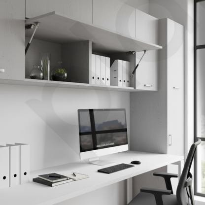 A modern minimalist home office featuring overhead cabinets equipped with gas strut hydraulic lifts for effortless flip-up opening. The image shows a sleek white workspace with organized files and a desktop computer, highlighting how pneumatic lift supports provide space-saving functionality and a sophisticated soft-close experience for contemporary office cabinetry.