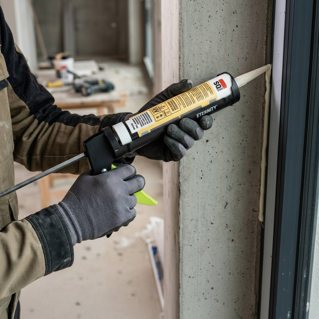 A construction professional using an Eternity heavy-duty caulking gun to apply a precise bead of silicone sealant between a concrete wall and a black window frame. The image demonstrates the tool's ergonomic grip and smooth dispensing action in a real-world building environment, highlighting its effectiveness for waterproof sealing and architectural glazing tasks.