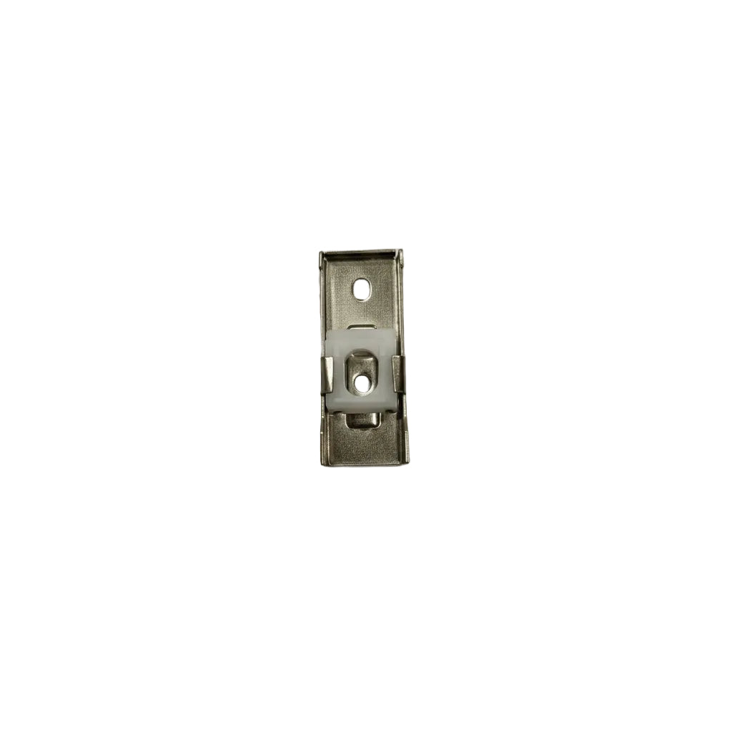 A high-durability ceiling mount bracket for curtain track systems, featuring a reinforced stainless steel body with a white nylon tension clip. The bracket includes pre-drilled mounting holes for secure installation of heavy-duty sliding drapery rails in modern residential or commercial interiors.
