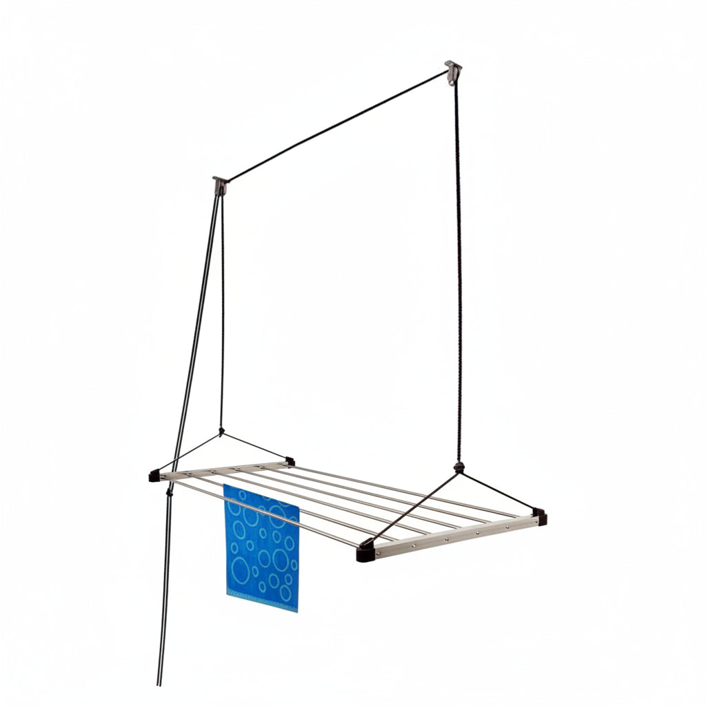 A ceiling-mounted stainless steel clothes drying rack featuring a manual pulley system for easy elevating and lowering. The rack is shown with a blue towel hanging from its durable metal rods, demonstrating a space-saving laundry solution for balconies, utility rooms, or modern indoor apartments.
