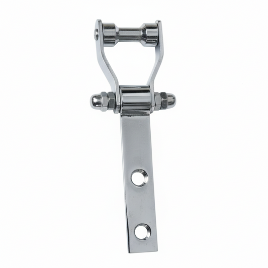 A chrome DLP103 Deluxe Bearing Kada ceiling hook featuring a high-grade stainless steel body with a polished chrome finish. This heavy-duty hardware includes a specialized dual-bearing roller mechanism for silent movement, a flat mounting plate with dual holes, and a secure triple-nut bolt assembly—ideal for ceiling fans, heavy swings, and industrial hanging applications.
