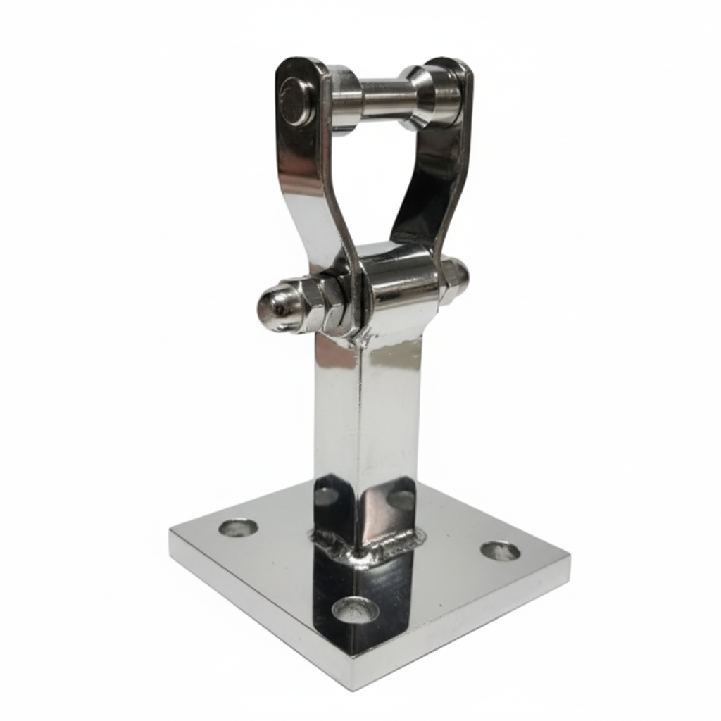 A high-performance DLP106 Square Base Revolving Bearing Kada made from premium stainless steel with a polished chrome finish. This industrial-strength ceiling hook features a 4-hole square mounting plate for maximum stability, a silent dual-roller bearing mechanism, and a reinforced vertical pillar—ideal for heavy-duty ceiling fans, commercial swings, and high-capacity hanging fixtures.