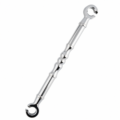 chrome finish decorative smooth Damru jhula chain link with a central hourglass design and open-ring ends for heavy-duty traditional ceiling swings.