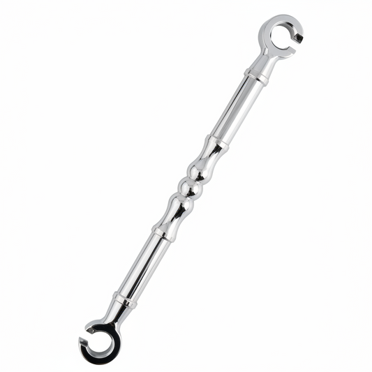 chrome finish decorative smooth Damru jhula chain link with a central hourglass design and open-ring ends for heavy-duty traditional ceiling swings.