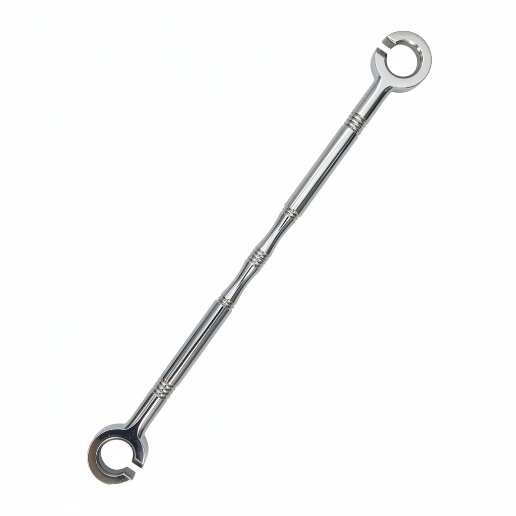 chrome SS-304 stainless steel jhula chain link with a minimalist Damru design, subtle ribbed detailing, and open-ring connectors for heavy-duty ceiling swings.