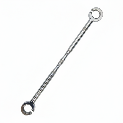 chrome SS-304 stainless steel jhula chain link with a minimalist Damru design, subtle ribbed detailing, and open-ring connectors for heavy-duty ceiling swings.