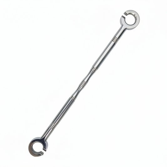 chrome SS-304 stainless steel jhula chain link with a minimalist Damru design, subtle ribbed detailing, and open-ring connectors for heavy-duty ceiling swings.
