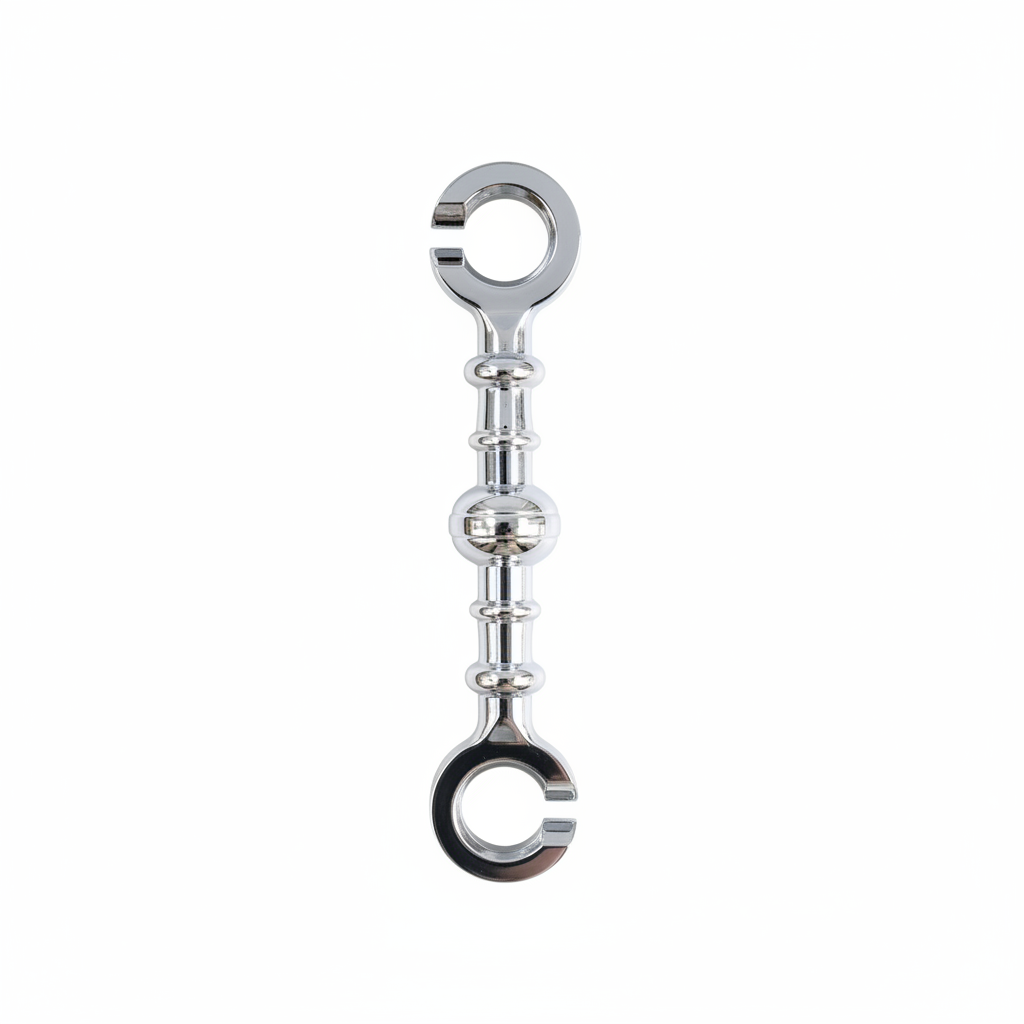 Chrome stainless steel ball saliya jhula chain link with a decorative central globe design and open-ring connectors for heavy-duty ceiling swings.