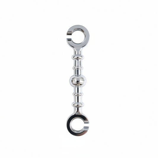 Chrome stainless steel ball saliya jhula chain link with a decorative central globe design and open-ring connectors for heavy-duty ceiling swings.