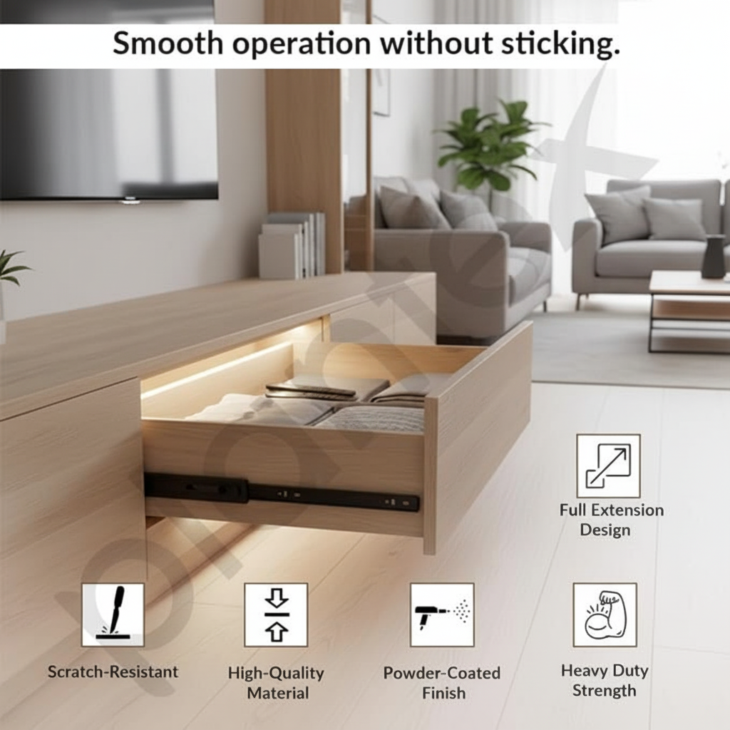 A modern living room interior showcasing a wooden media console with an open drawer equipped with Aeron Classic telescopic drawer channels. The image highlights key features including full extension design, scratch-resistant powder-coated finish, and heavy-duty strength for smooth, friction-free operation in premium home cabinetry and furniture.