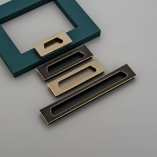 A premium collection of Creatick CN-51 modern concealed cabinet handles featuring a unique angular recessed grip and elegant dual-tone borders. These minimalist flush-mount pulls are shown in matte black with gold trim and brushed champagne gold finishes—available in multiple sizes for luxury kitchen cabinetry, sliding doors, and contemporary furniture hardware.