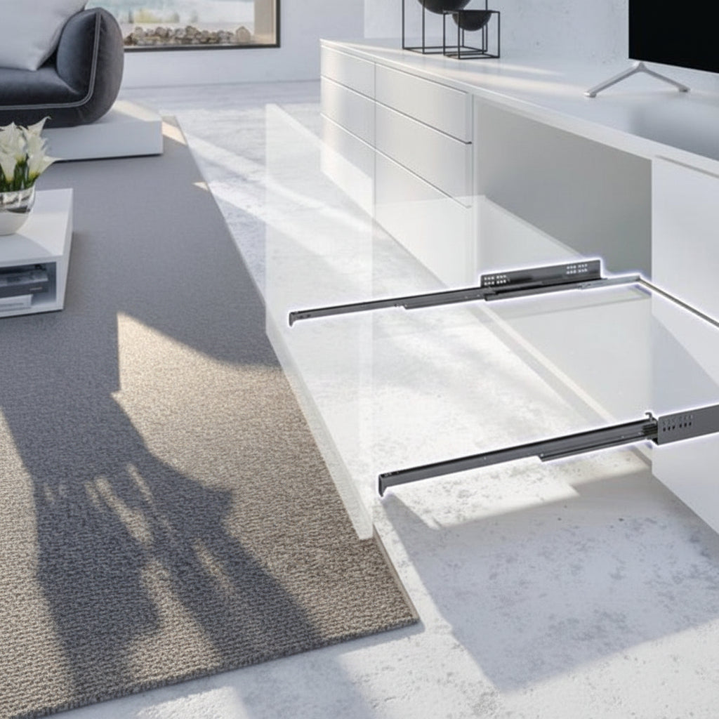 A conceptual visualization of a concealed under-mount drawer runner system installed in a modern white living room console. The image highlights the "invisible" nature of the hardware, showing the full-extension metallic slides supporting a handle-less drawer for a seamless, minimalist furniture design.