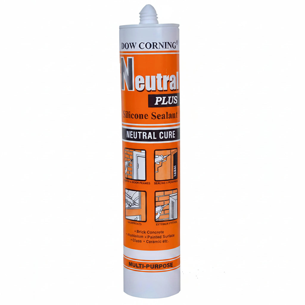 A cartridge of Dow Corning Neutral Plus Silicone Sealant, a high-performance neutral cure multi-purpose adhesive. The product is designed for sealing and bonding applications across various surfaces including brick, concrete, aluminum, glass, and ceramics. It is suitable for window and door frames, shopfronts, and exterior fittings, providing a durable and professional finish for construction and renovation projects.