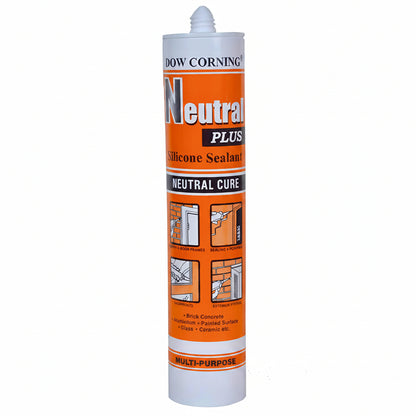A cartridge of Dow Corning Neutral Plus Silicone Sealant, a high-performance neutral cure multi-purpose adhesive. The product is designed for sealing and bonding applications across various surfaces including brick, concrete, aluminum, glass, and ceramics. It is suitable for window and door frames, shopfronts, and exterior fittings, providing a durable and professional finish for construction and renovation projects.
