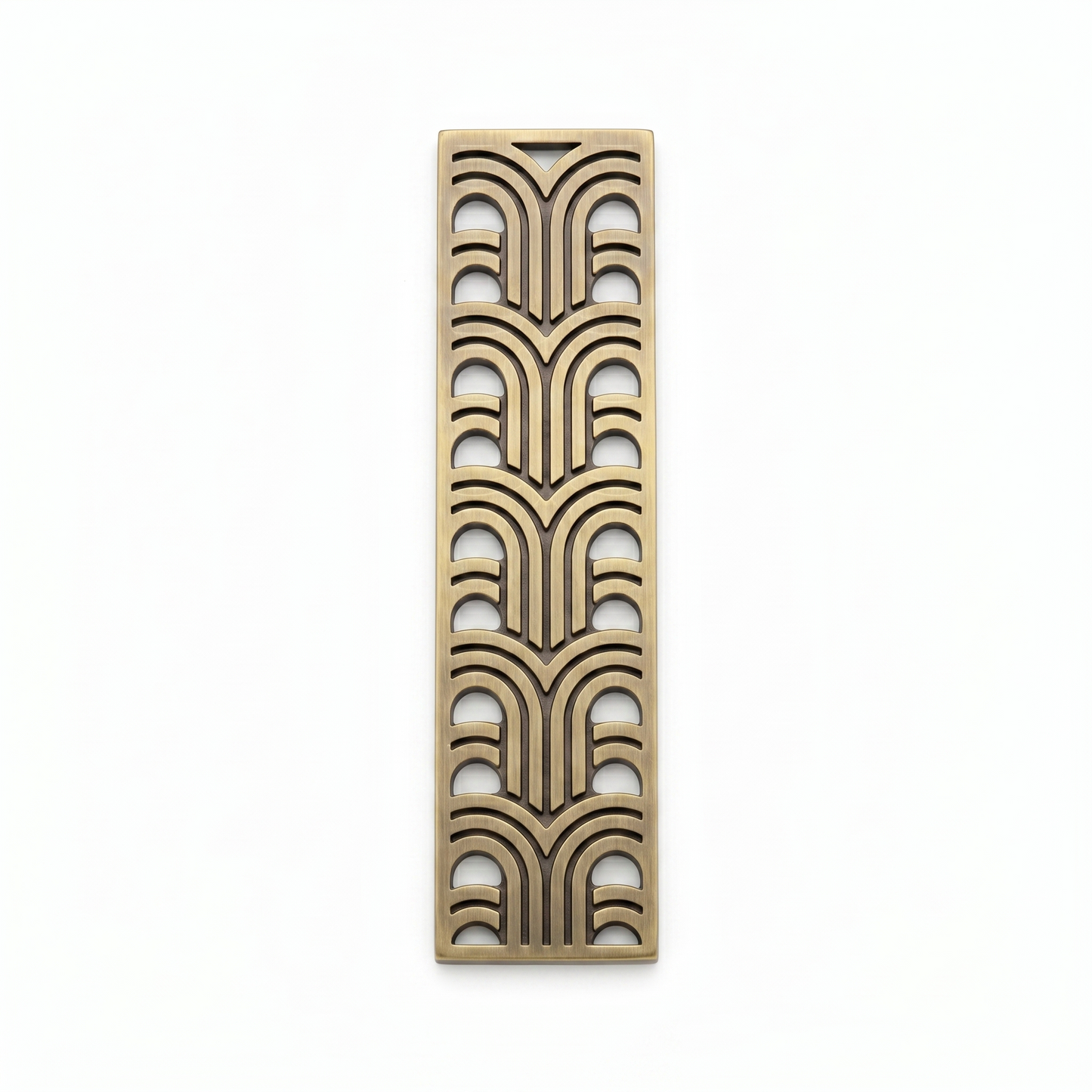 A vertical rectangular decorative metal screen featuring a sophisticated laser-cut art deco geometric arch pattern. The panel is finished in a premium brushed antique brass, ideal for use as a luxury room divider, ornamental wall insert, or decorative privacy screen in high-end residential and commercial interiors.