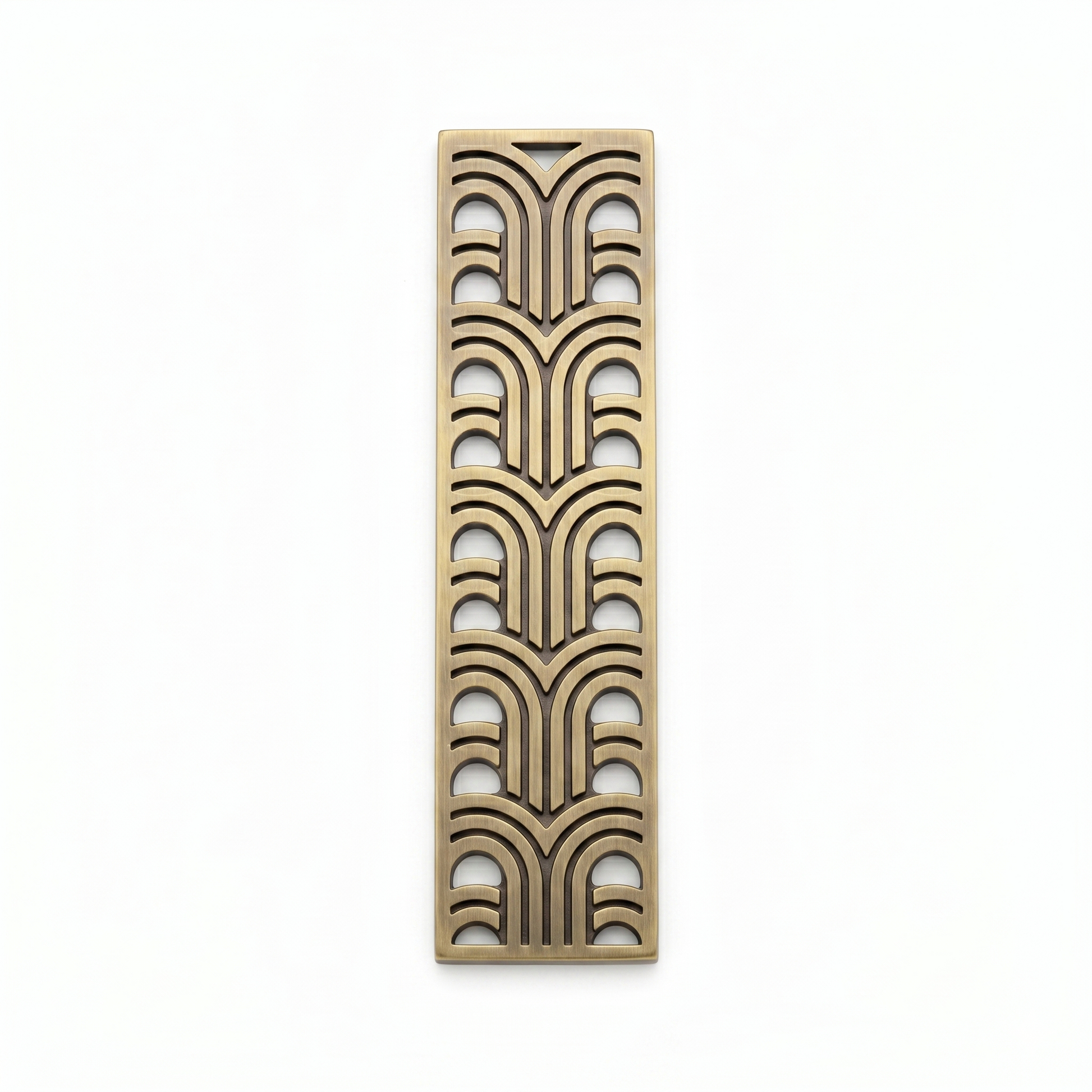 A vertical rectangular decorative metal screen featuring a sophisticated laser-cut art deco geometric arch pattern. The panel is finished in a premium brushed antique brass, ideal for use as a luxury room divider, ornamental wall insert, or decorative privacy screen in high-end residential and commercial interiors.