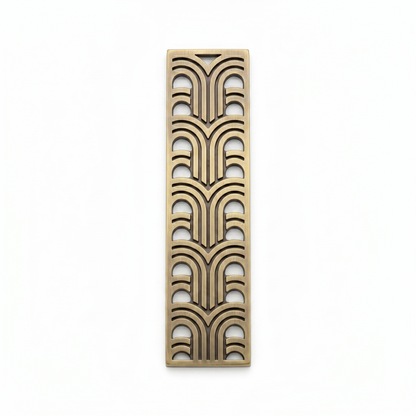 A vertical rectangular decorative metal screen featuring a sophisticated laser-cut art deco geometric arch pattern. The panel is finished in a premium brushed antique brass, ideal for use as a luxury room divider, ornamental wall insert, or decorative privacy screen in high-end residential and commercial interiors.