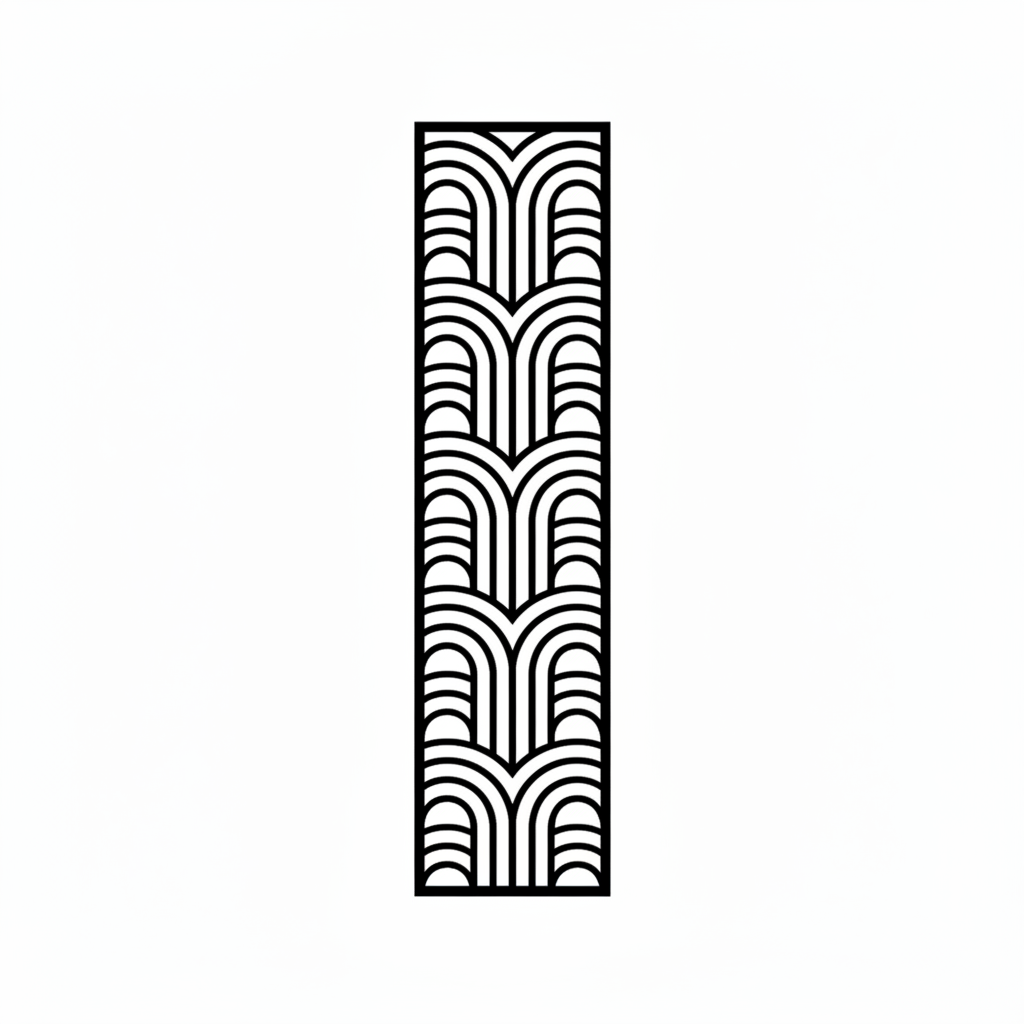 A vertical rectangular decorative metal screen featuring a bold laser-cut art deco geometric arch pattern. The panel is finished in a premium matte black, ideal for use as a modern room divider, ornamental wall insert, or decorative privacy screen in high-end residential and commercial interiors.