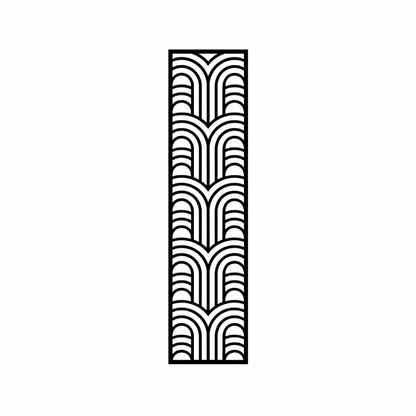 A vertical rectangular decorative metal screen featuring a bold laser-cut art deco geometric arch pattern. The panel is finished in a premium matte black, ideal for use as a modern room divider, ornamental wall insert, or decorative privacy screen in high-end residential and commercial interiors.