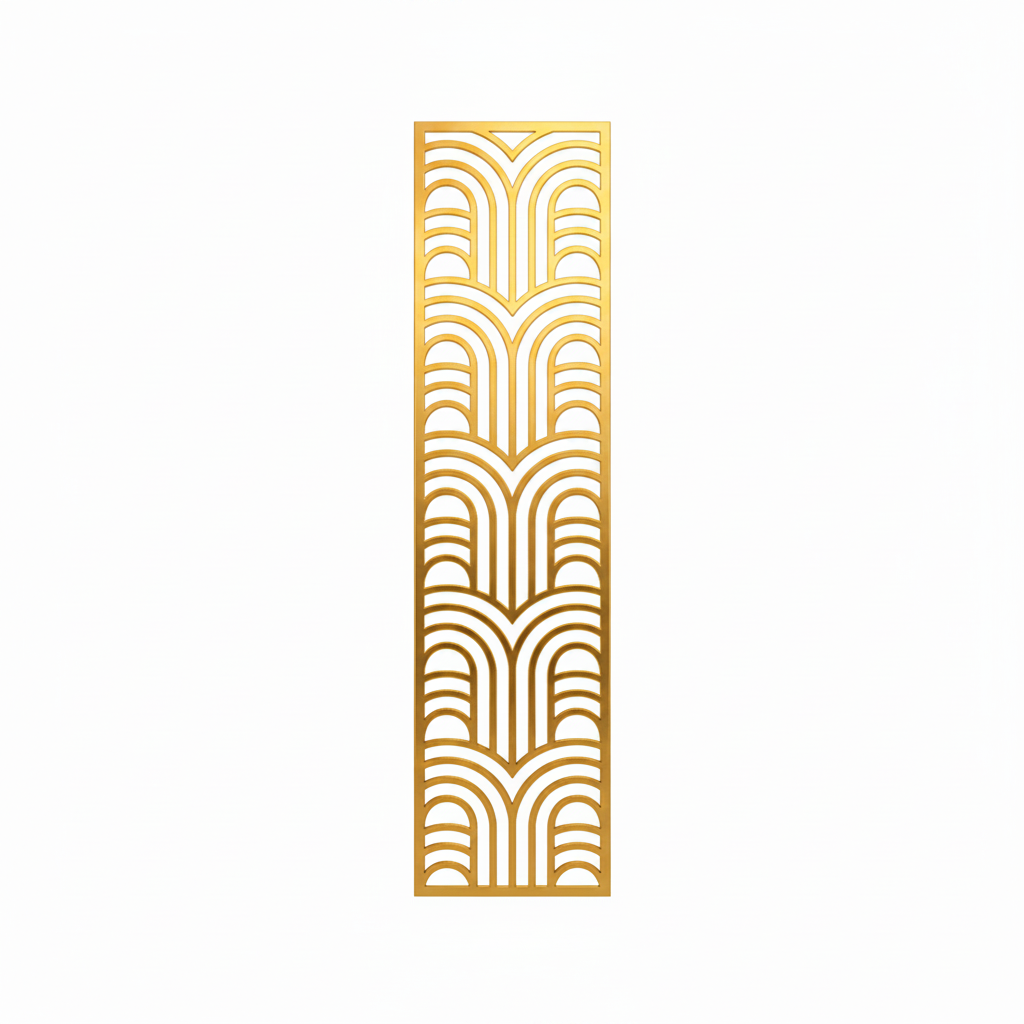 A vertical rectangular decorative metal screen featuring a sophisticated laser-cut art deco geometric arch pattern. The panel is finished in a premium gold, ideal for use as a luxury room divider, ornamental wall insert, or decorative privacy screen in high-end residential and commercial interiors.