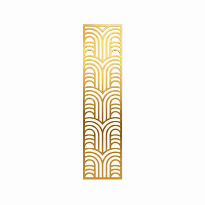 A vertical rectangular decorative metal screen featuring a sophisticated laser-cut art deco geometric arch pattern. The panel is finished in a premium gold, ideal for use as a luxury room divider, ornamental wall insert, or decorative privacy screen in high-end residential and commercial interiors.