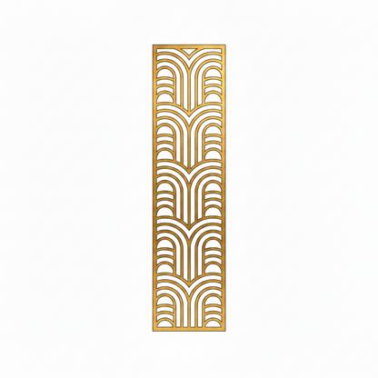 A vertical rectangular decorative metal screen featuring a sophisticated laser-cut art deco geometric arch pattern. The panel is finished in a premium pvd gold, ideal for use as a luxury room divider, ornamental wall insert, or decorative privacy screen in high-end residential and commercial interiors.