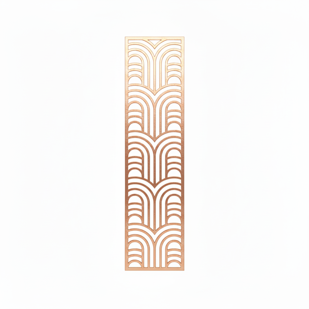A vertical rectangular decorative metal screen featuring a sophisticated laser-cut art deco geometric pattern. The panel is finished in a premium pvd rose gold, ideal for use as a luxury room divider, ornamental wall insert, or decorative privacy screen in high-end residential and commercial interiors.