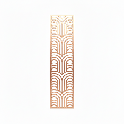 A vertical rectangular decorative metal screen featuring a sophisticated laser-cut art deco geometric pattern. The panel is finished in a premium pvd rose gold, ideal for use as a luxury room divider, ornamental wall insert, or decorative privacy screen in high-end residential and commercial interiors.