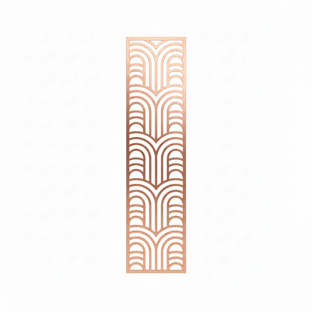 A vertical rectangular decorative metal screen featuring a sophisticated laser-cut art deco geometric pattern. The panel is finished in a premium rose gold, ideal for use as a luxury room divider, ornamental wall insert, or decorative privacy screen in high-end residential and commercial interiors.