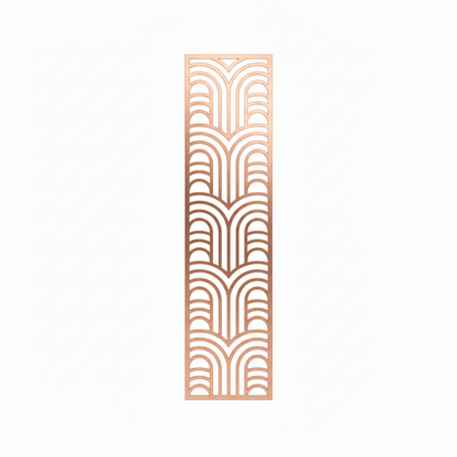 A vertical rectangular decorative metal screen featuring a sophisticated laser-cut art deco geometric pattern. The panel is finished in a premium rose gold, ideal for use as a luxury room divider, ornamental wall insert, or decorative privacy screen in high-end residential and commercial interiors.